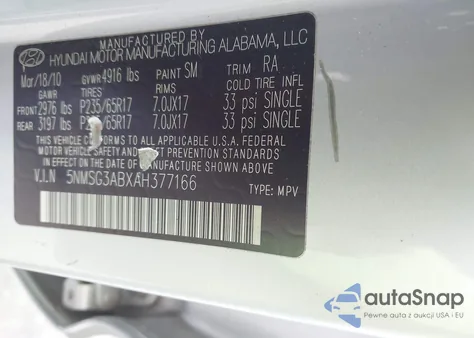 2010 Hyundai Santa Fe Gls из США, поврежденный, VIN 5NMSG3ABXAH377166